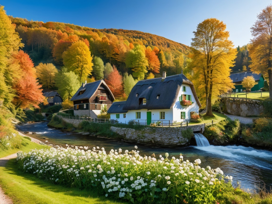 Thatched-Roof Cottages by a Serene Autumn River