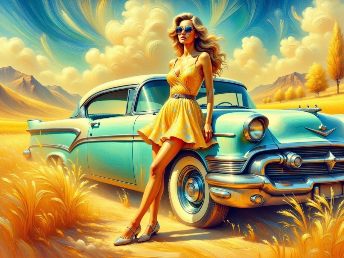 Stylish Woman in Yellow Sundress by Vintage Blue Car