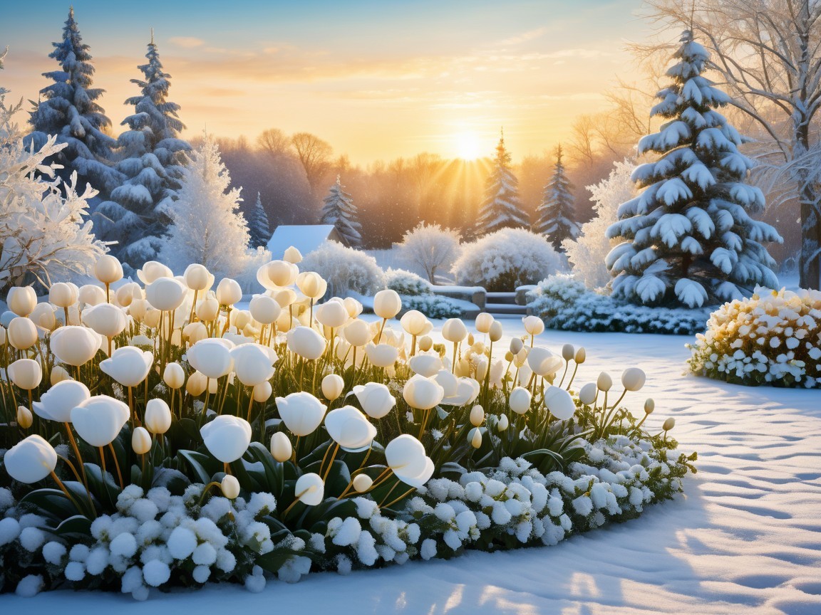 Winter Landscape with Snow and White Tulips