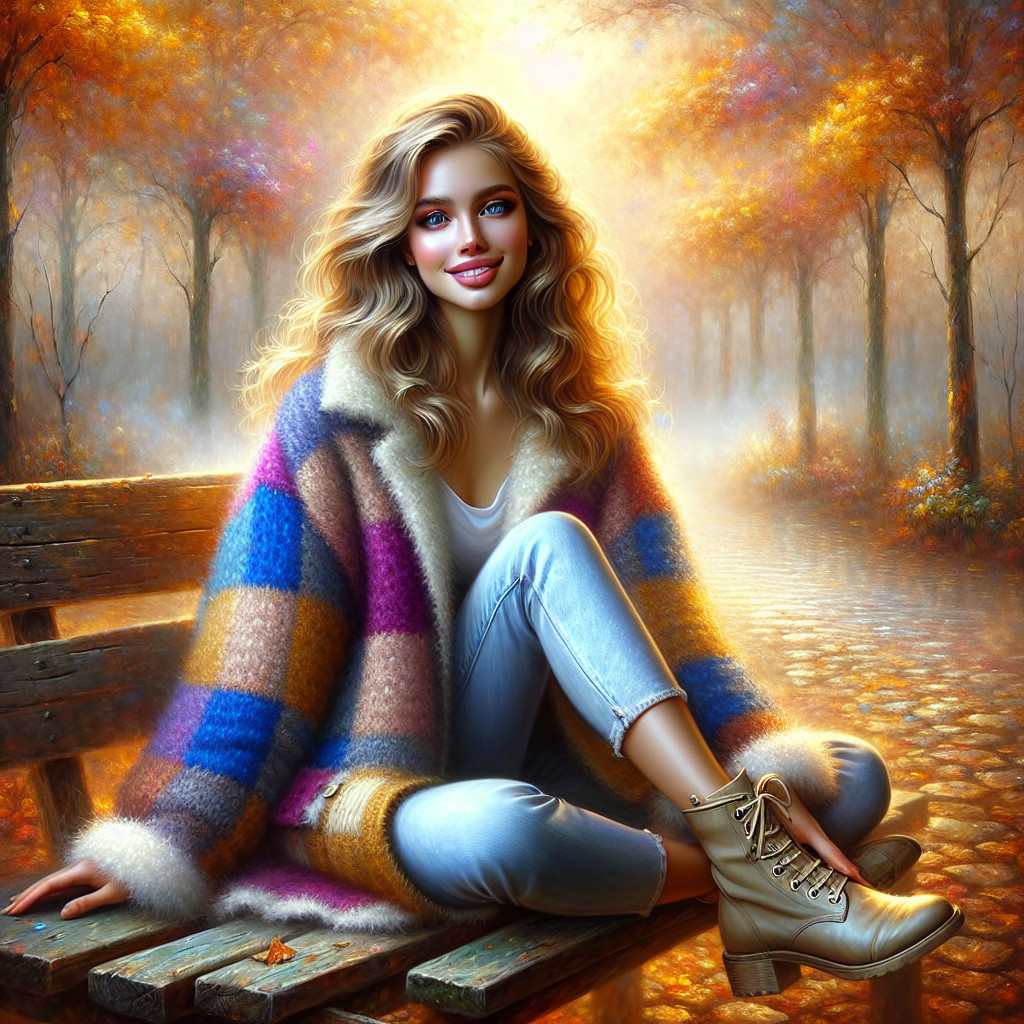 Young Woman in Cozy Coat Surrounded by Autumn Leaves