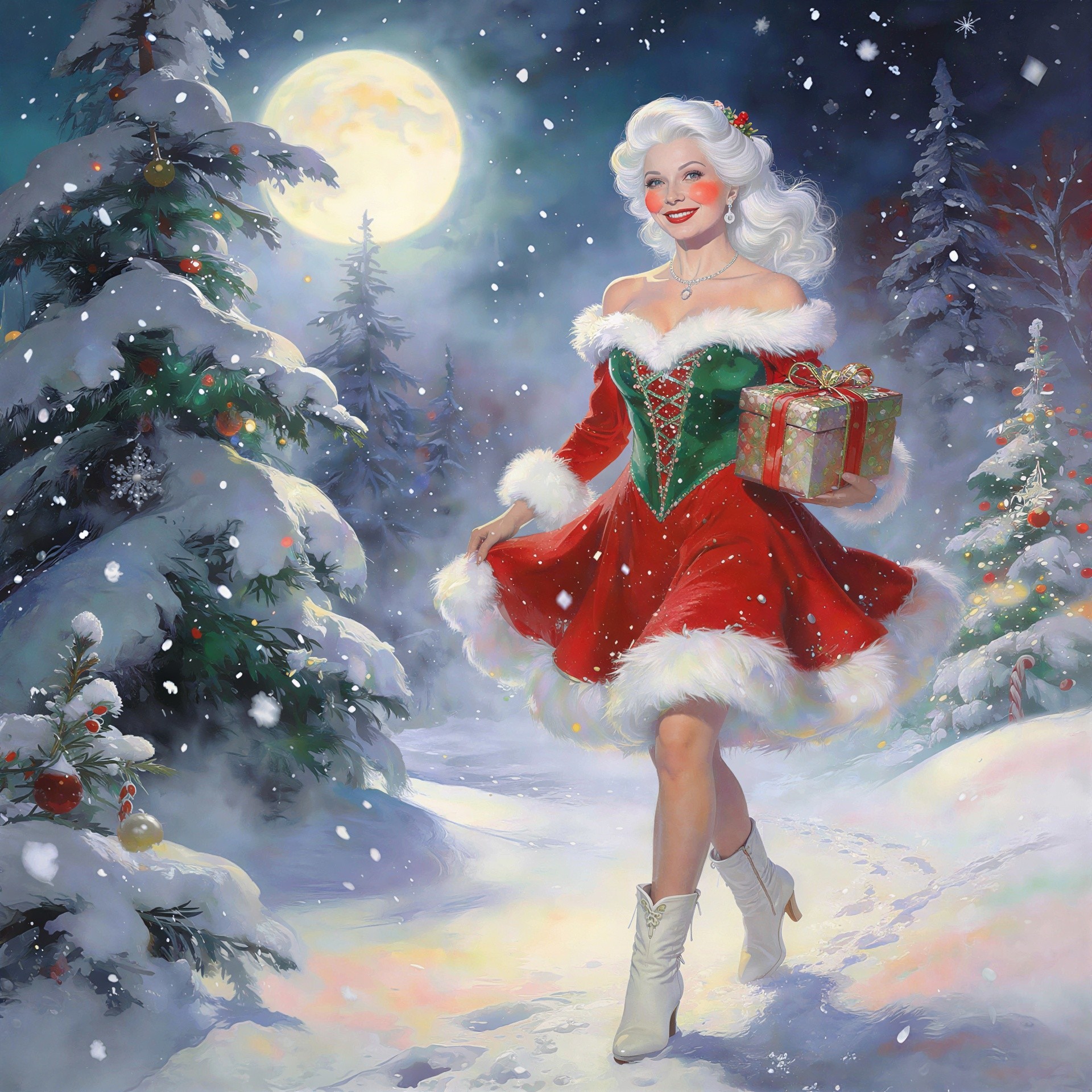 Full-body painting of a festive woman in red dress