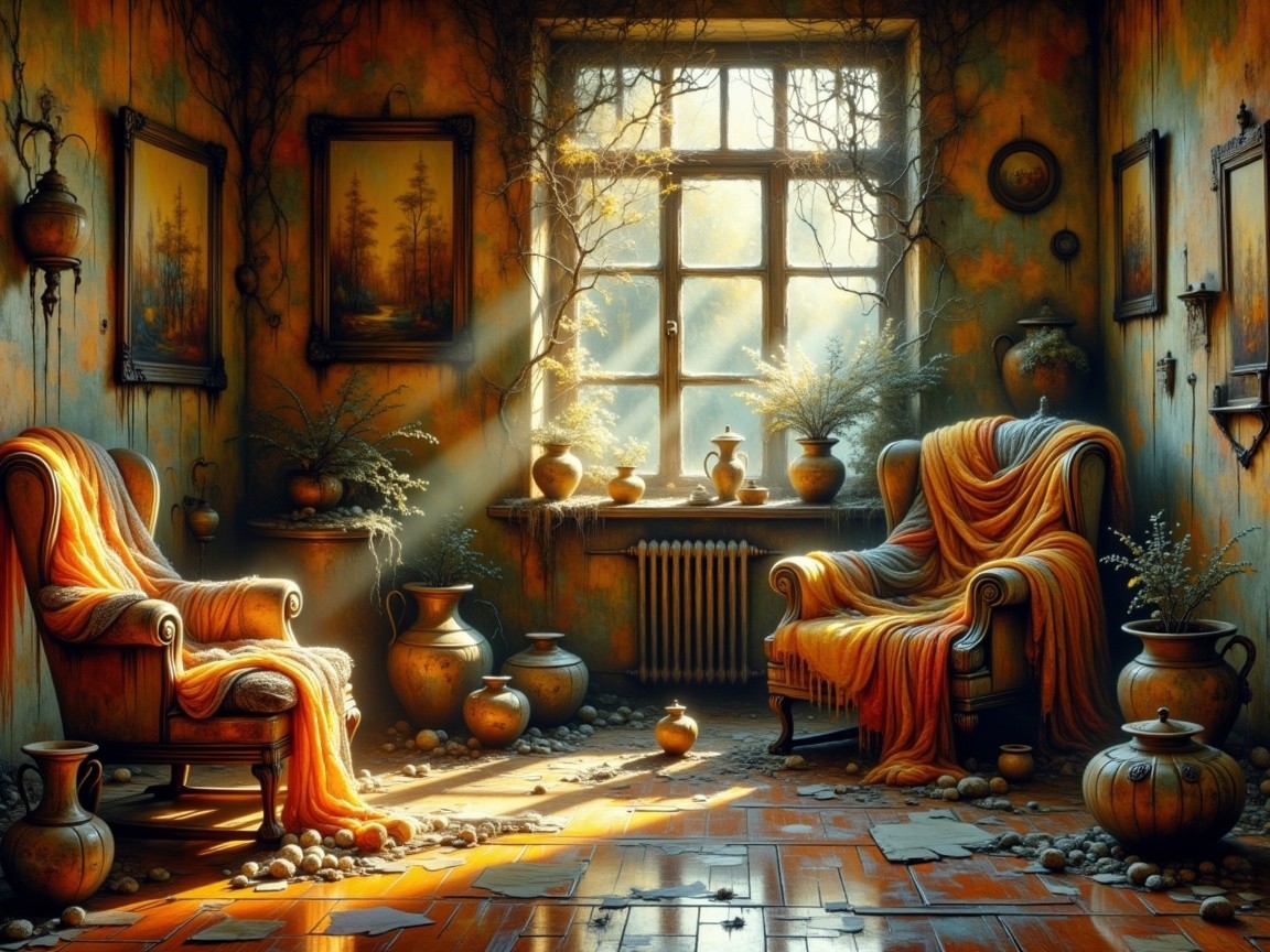 Cozy Sunlit Room with Vintage Armchairs and Plants