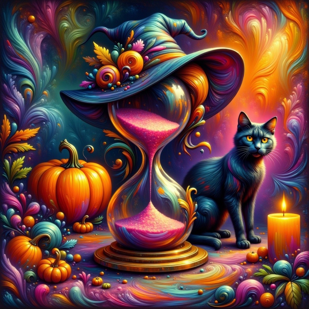 Colorful Witch's Hat and Black Cat in Magical Scene