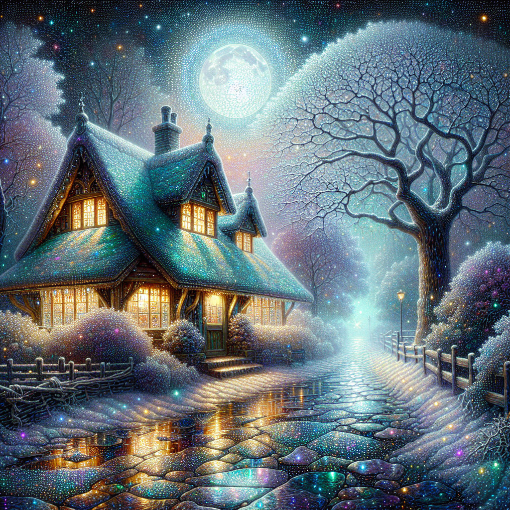 Magical Nighttime Scene with Cozy Cottage and Pathway