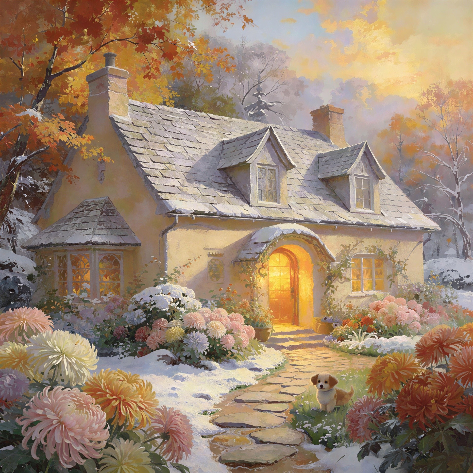 Cozy Cottage in Winter Wonderland Watercolor Scene