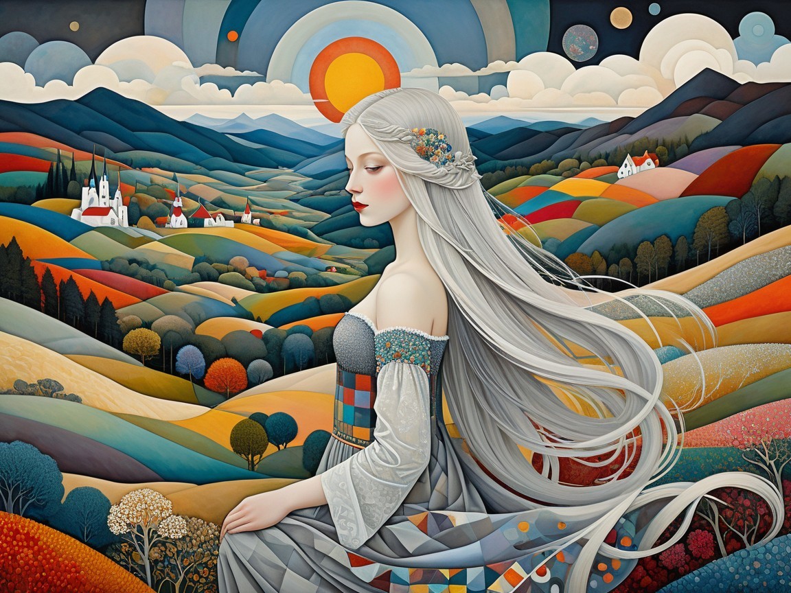 Surreal Painting of a Majestic Woman in Vibrant Landscape