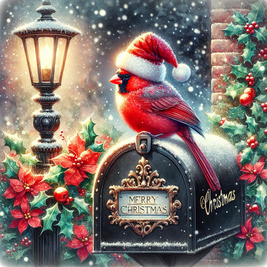Cardinal in Santa Hat on Christmas Mailbox Scene