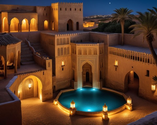 Serene Moroccan Courtyard with Illuminated Pool