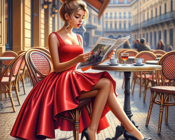 Stylish Woman in Red Dress at Café Table Outdoors