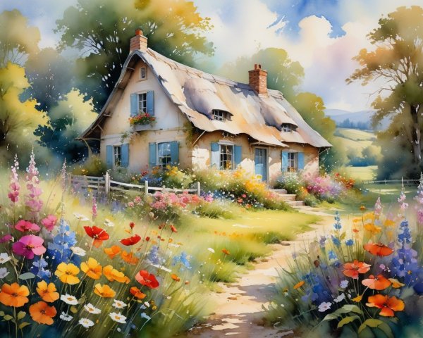 Charming thatched cottage surrounded by wildflowers
