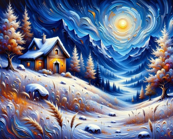 Cozy cabin in a snowy landscape with mountains