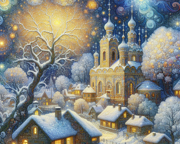 Ornate winter wonderland painting with glowing elements