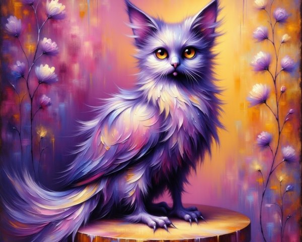 Colorful Feathered Cat-like Creature in Dreamy Setting