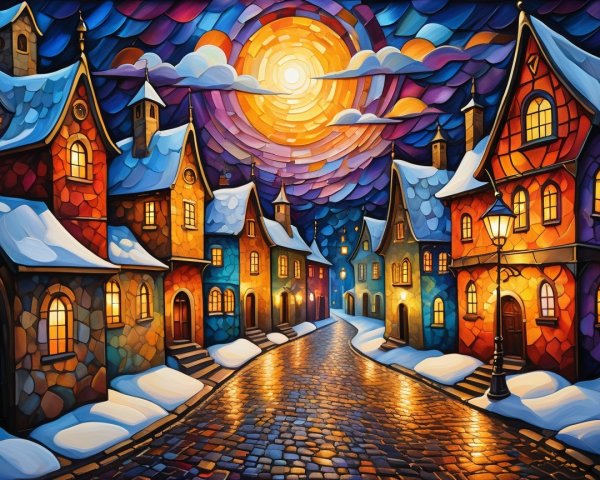 Whimsical Winter Village Scene at Dusk