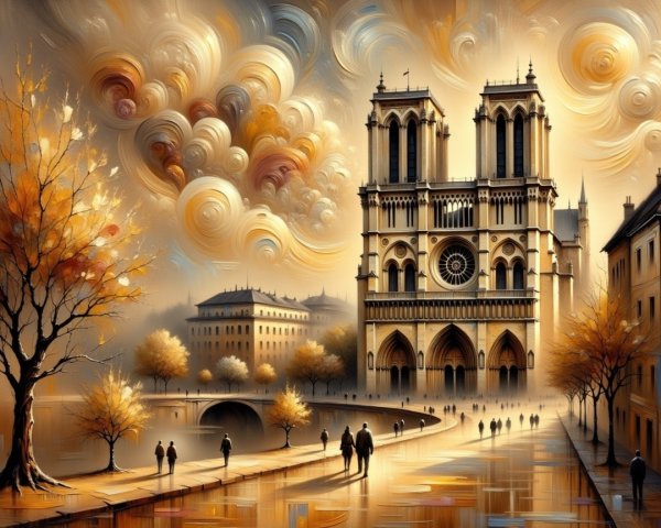 Autumnal Urban Landscape with Notre Dame Cathedral