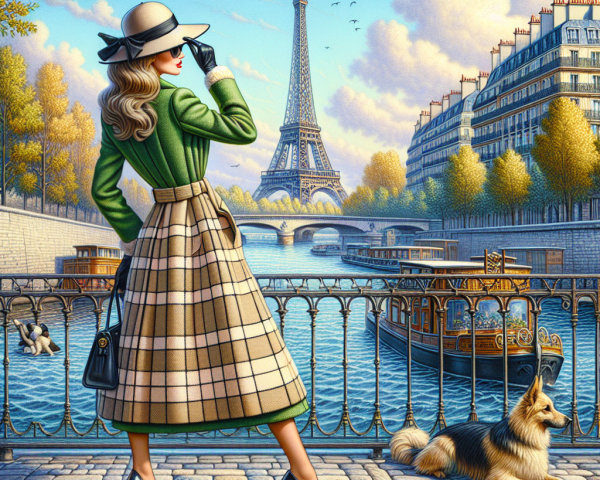 Stylish Woman by Seine River with Eiffel Tower View