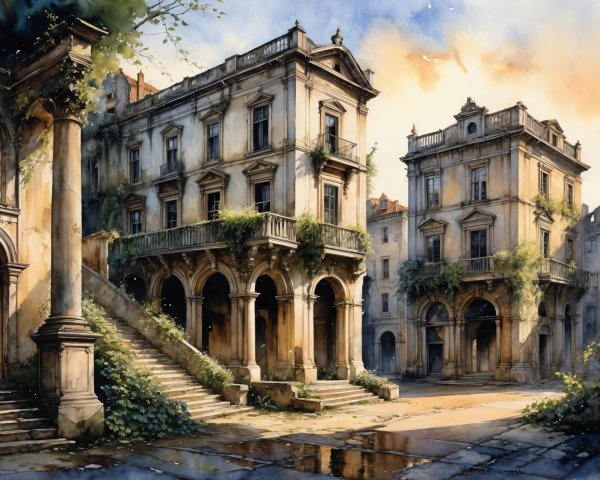 Elegant Old Courtyard with Grand Architecture and Greenery