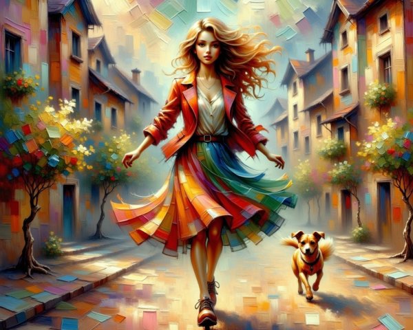 Young woman in multicolored skirt walking with dog