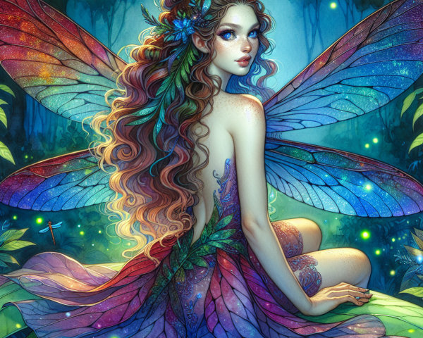 Vibrant Fairy in Mystical Forest with Iridescent Wings