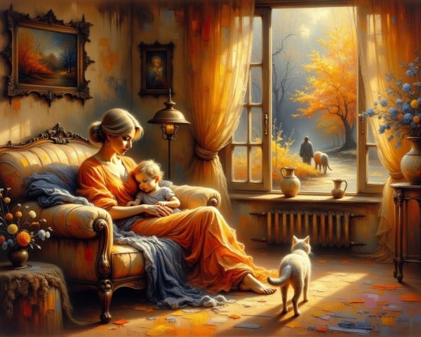 Tranquil Living Room with Mother and Child in Autumn