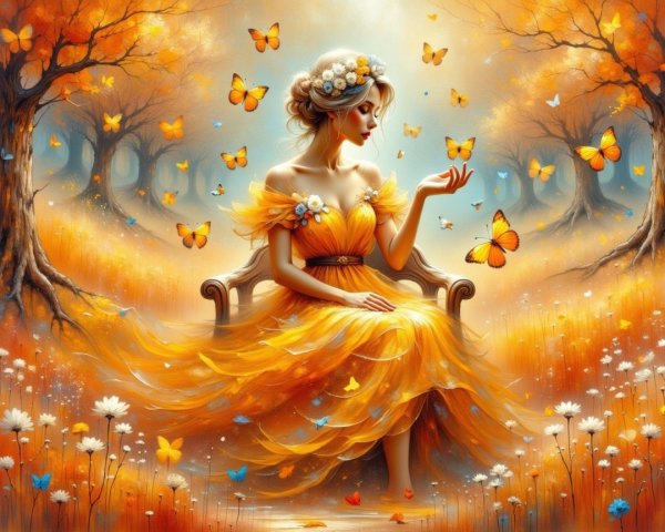 Autumn Landscape with Woman in Yellow Gown and Butterflies