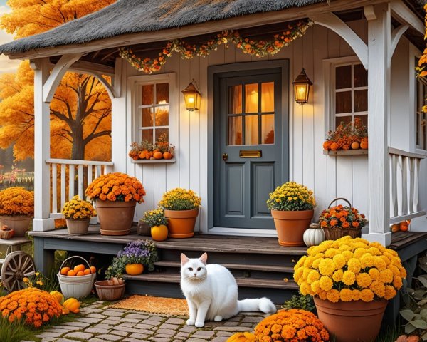 Charming Cottage with Autumn Decorations and Cat
