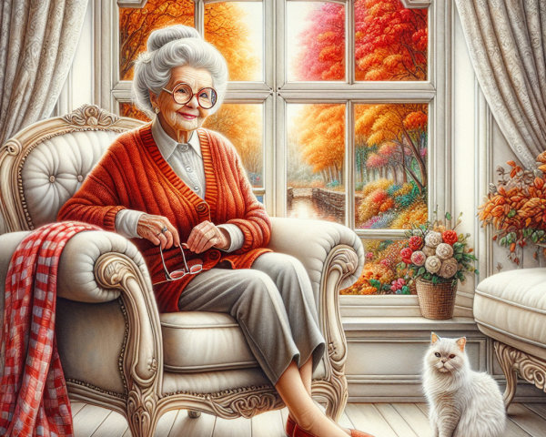 Elderly Woman in Cozy Armchair with Cat and Flowers