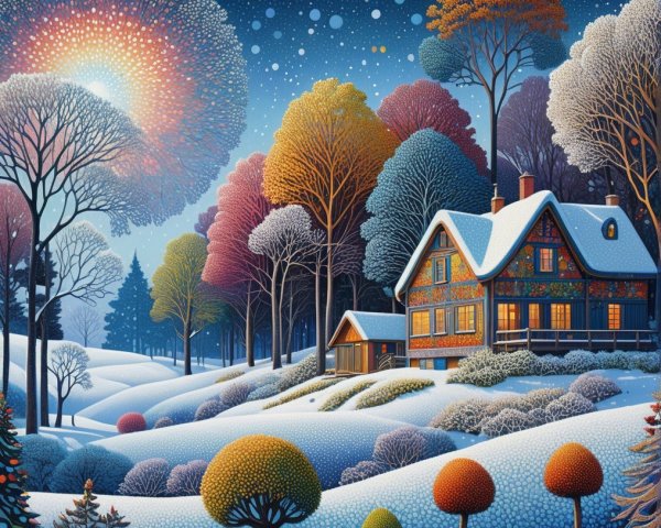 Cozy Cottage in a Snowy Landscape with Colorful Foliage