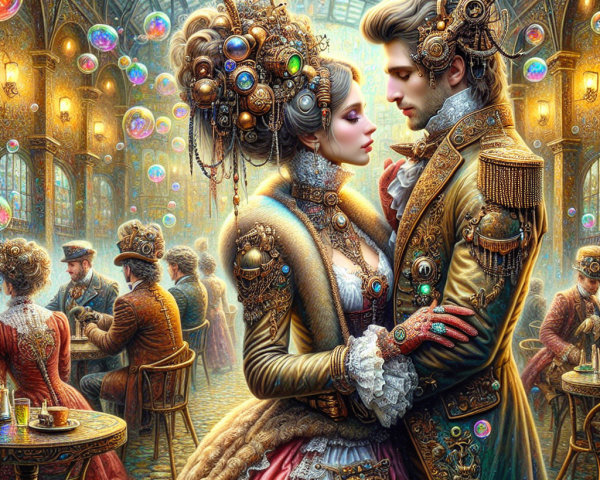 Couple in Opulent Attire at Steampunk Cafe