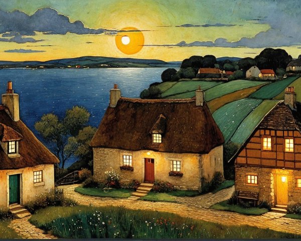 Twilight Coastal Village with Cottages and Sunset Sky