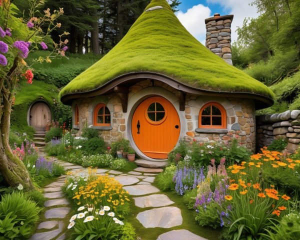 Charming Cottage with Moss Roof and Colorful Flowers