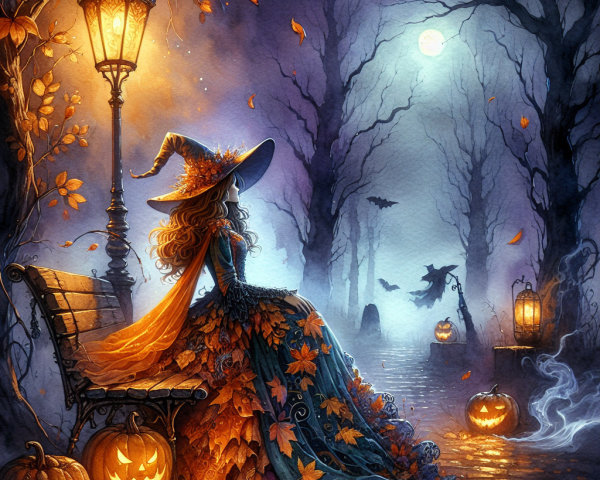 Mystical Autumn Scene with Woman and Enchanted Elements