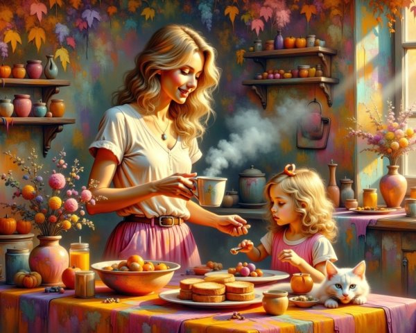 Warm Kitchen Scene with Mother and Daughter Sharing Treats
