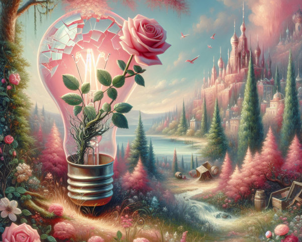 Dreamy Landscape with Light Bulb and Blooming Rose