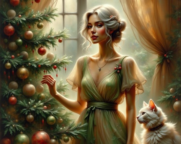 Elegant Woman by Christmas Tree with Fluffy Cat