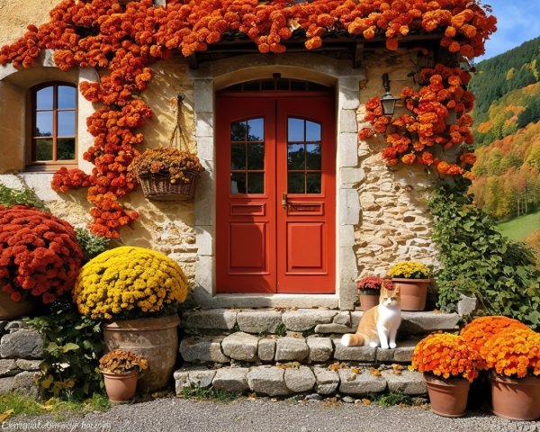 Charming Cottage Surrounded by Marigolds and a Cat