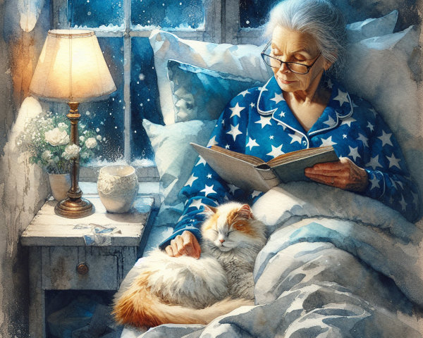 Watercolor Painting of Elderly Woman Reading in Bed