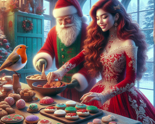 Cozy Holiday Kitchen Scene with Santa Baking Cookies