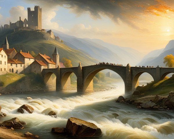Scenic Landscape with Bridge, River, and Castle