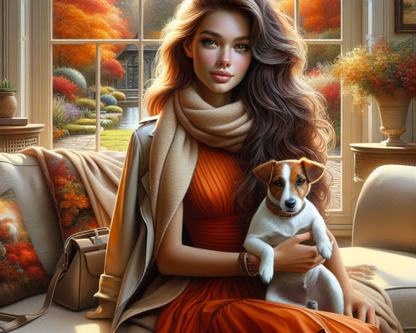 Young woman in orange dress with dog on couch