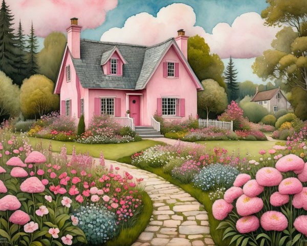Charming Pink House Surrounded by Vibrant Gardens