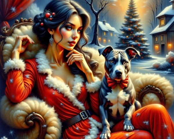 Christmas Scene with Woman, Dog, and Snowy Village