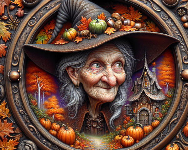 Whimsical Elderly Witch in Autumn Setting