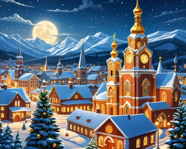 Winter Night Scene in a Quaint Village with Snow