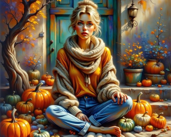 Cozy Autumn Scene with Pumpkins and Warm Foliage