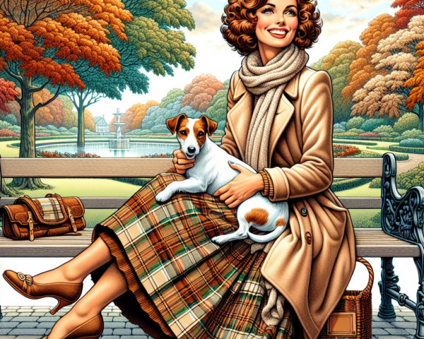 Woman with Curly Hair and Dog in Autumn Park Setting
