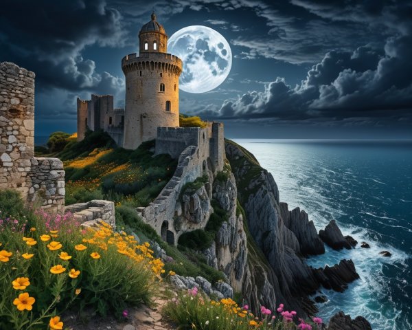 Castle on Cliff Overlooking Ocean at Night