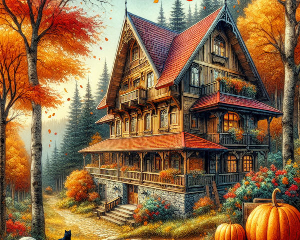 Rustic house in vibrant autumn foliage with gardens