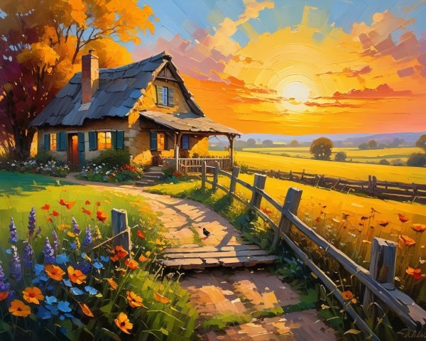 Charming Cottage Surrounded by Flowers and Sunset Glow