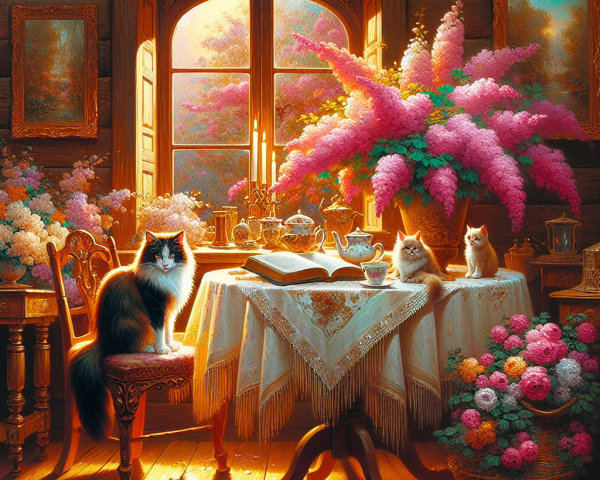 Cozy Sunlit Room with Cats and Antique Decor